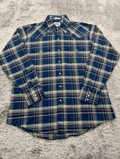 Ely Cattleman Shirt Men Large Western Blue Plaid Pearl Snap Wrinkle Free Vtg 90s