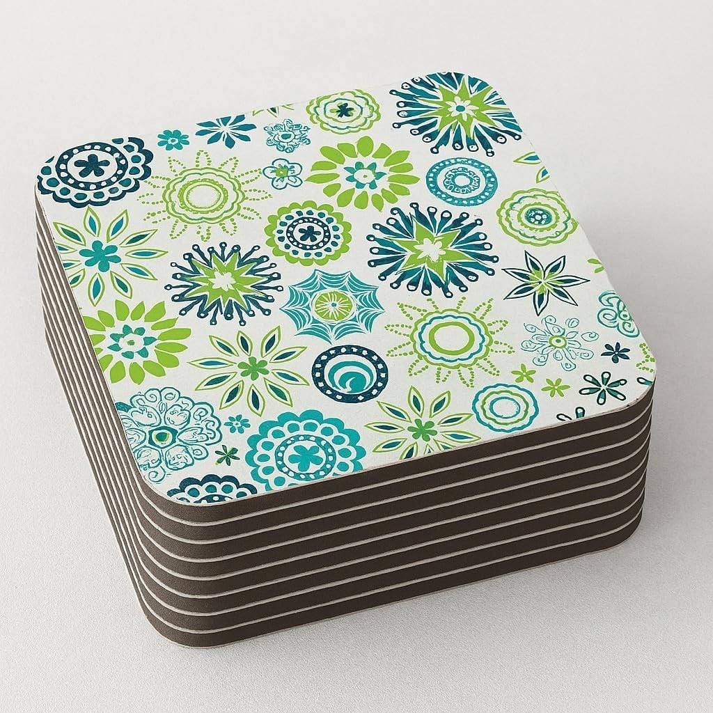 Floral Mandala Cork Drink Coasters, Square, 9.5 x 9.5 cm Set of 4