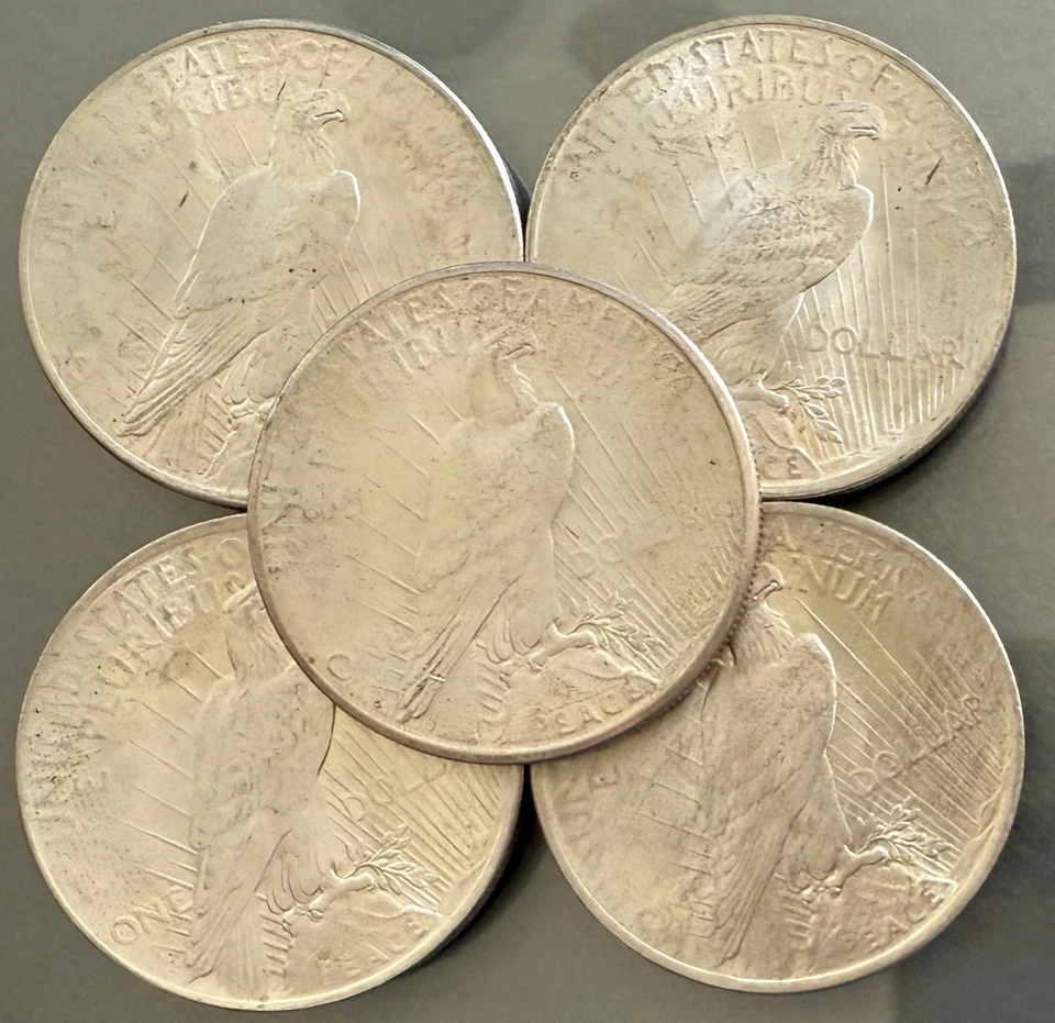 Мир долларов 1921-1935 лот из 5 не бывших в обращении 90% серебра ver монета смешанного года США - Изображение 2 из 4