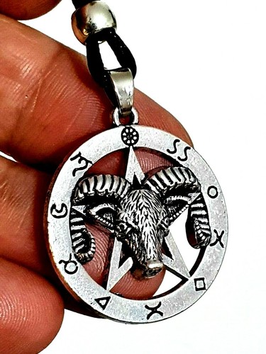 Ram Head Necklace Goat of Mendes Pentagram Pendant Occult Symbols Beaded Cord - Picture 4 of 12