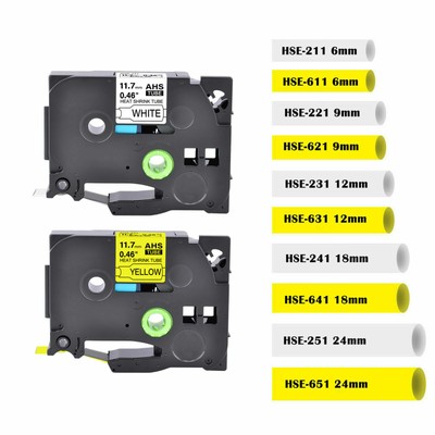 Label Heat Shrink Tube HSE-211 221 231 241 251 Black on White Yellow for Brother