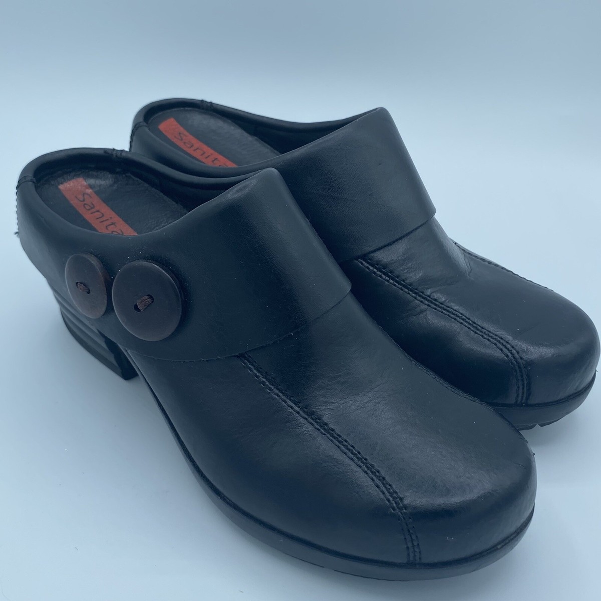 Sanita Black Leather Professional Clog Shoes Sz 38 Slip Resistant Slip On  EUC