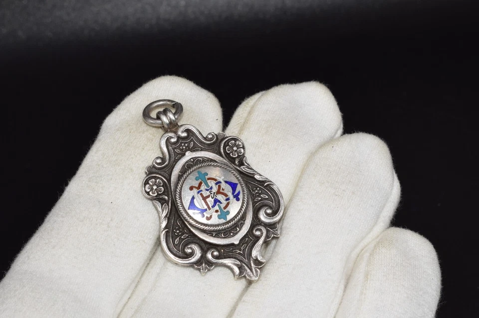 ANTIGUO aprox. Colgante MEDALLA 1899 WHH Sport Birmingham PLATA Esmalte Victoriano 17gr Foto 4 de 4