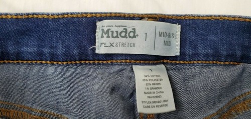 Mudd FLX Stretch Mid Rise Girls Size 1 Blue Jean Shorts Destressed Rolled Hems - Picture 3 of 3