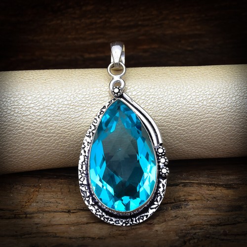 Pendentif Topaze Bleue Naturelle - Argent 925 - Forme Larme/poire - Bijou Fantaisie De Qualité