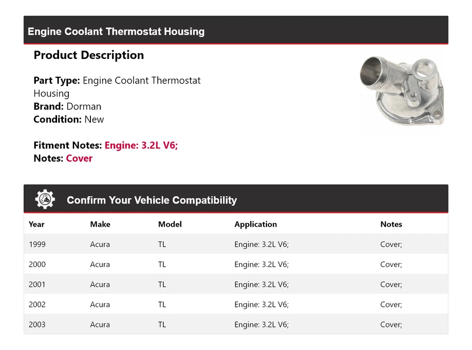 Carcasa termostato refrigerante motor Dorman 2000 para Acura TL 3,2 L V6 1999-2003 Foto 2 de 4