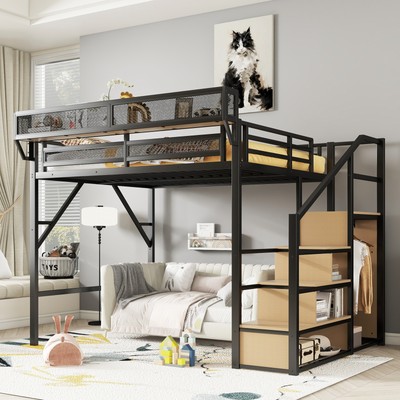 Queen Size High Loft Bed W/Stairs /Storage Shelves Wardrobe for Kids Teens Black