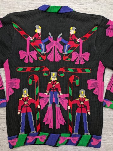 VTG Jack B Quick Belle Point Christmas Cardigan 90s Sz M Allover Print Buttons - Picture 6 of 13