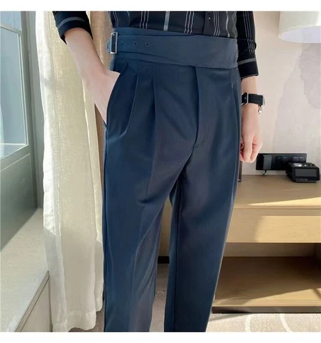 Herren Gürtel Britischer Stil Hohe Taille Gerades Bein Anzughose Retro Hose - Bild 10 von 29