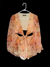 Shien Two Piece Sheer Chiffon V Neck Waist Cutout Orange Women's Size Petite M