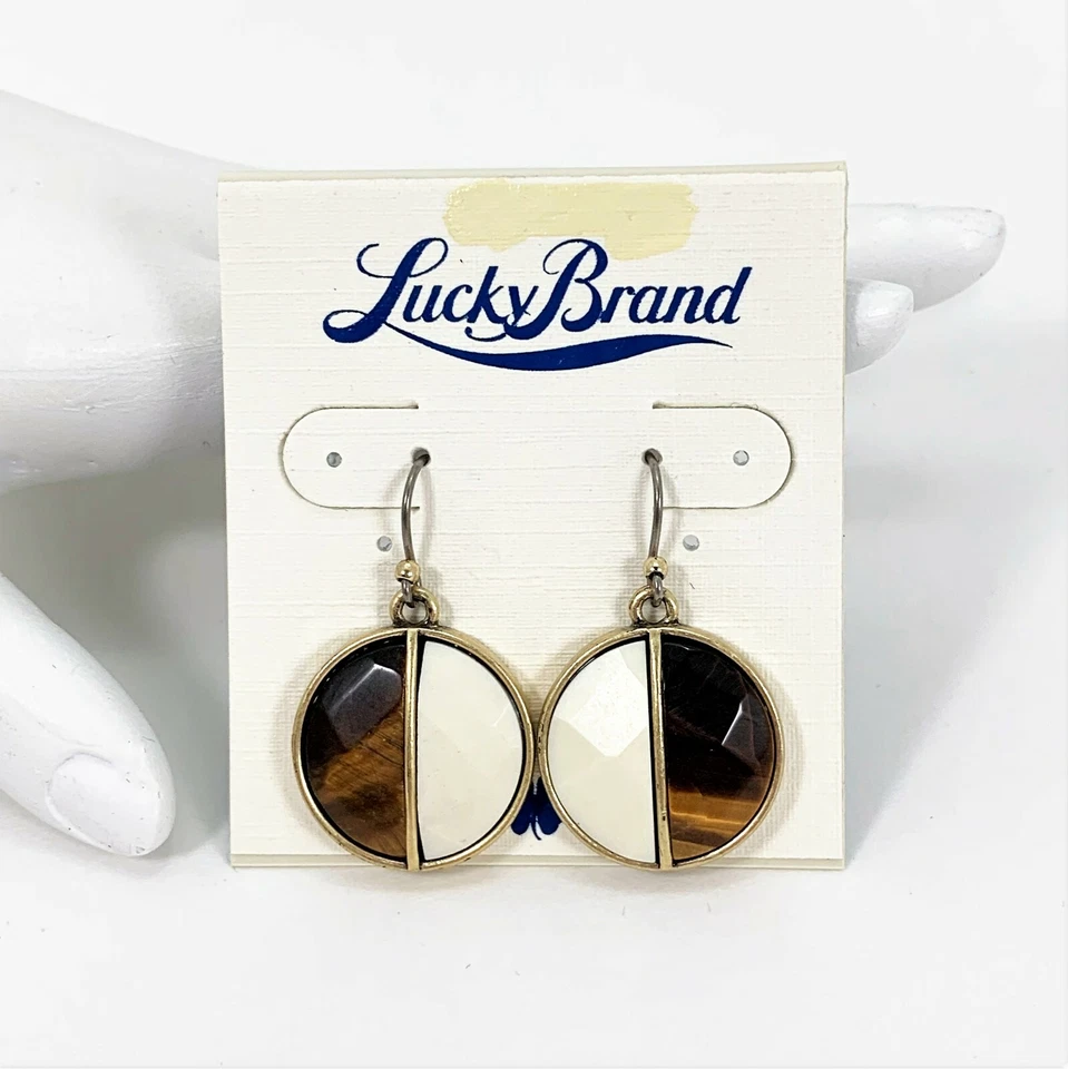 Lucky Brand Tigers Eye Ivory Colored Faceted Stone Earrings Gold Tone Metal - Image 2 of 4