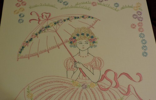 Stickerei Hand Southern Belle Blumen Regenschirm rosa blau 27 x 23 1/2 montiert - Bild 12 von 17