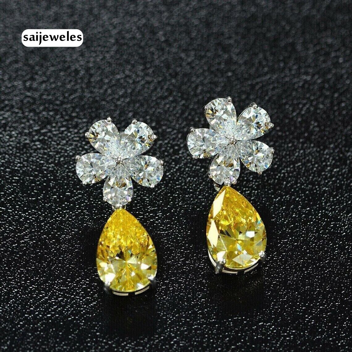 3CT Lab-Created Pear Yellow Diamond Drop/Dangle Earrings 14K White - Main Image