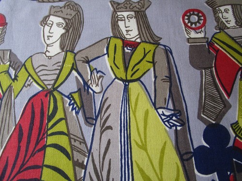 Vintage 1970s Fabric Kings Queens Lords Panel Gray Chartreuse Red Blue Medieval - Picture 3 of 13