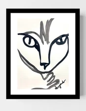 GUAJARDO Original Contemporary Line Cat Licking Paw  12X9 Paper Signed Art