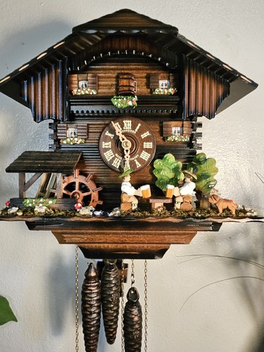 Nice German Animated Beer Drinkers Musical Cuckoo Clock With Waterwheel