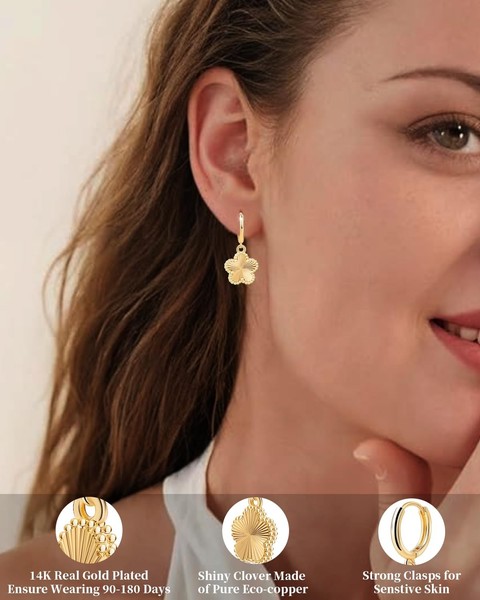 Alternate view of Clover Earrings For Women 14k Gold Plated Four Leaf Hypoallergenic