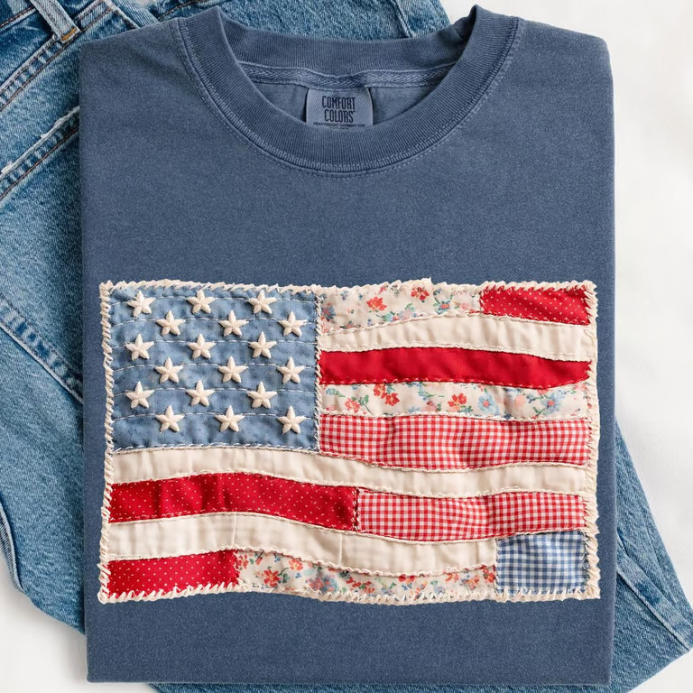 4th of July Shirt, Retro American Flag Shirt, Faux Patchwork USA Shirt, Patriot