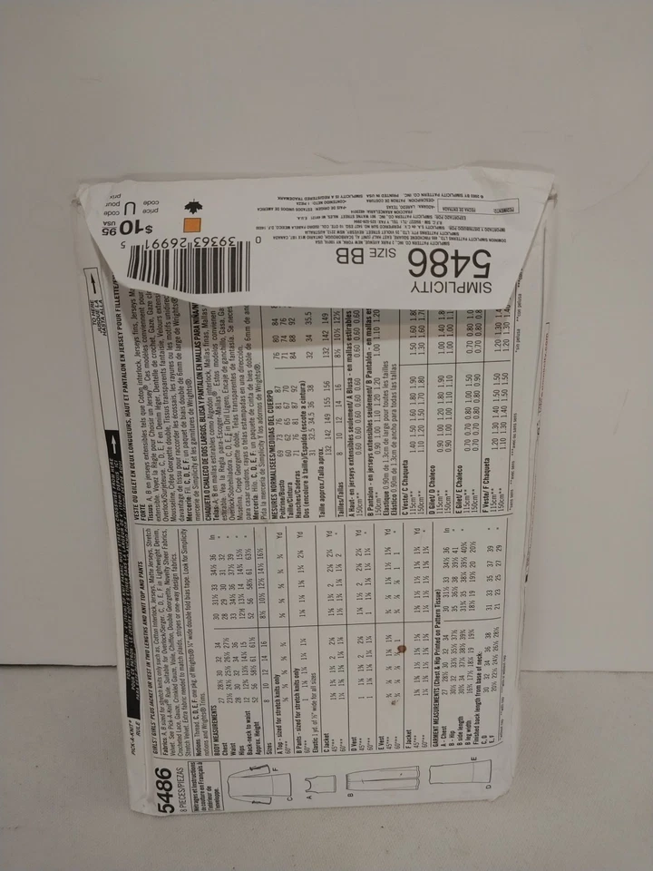 Simplicity 5486 Jacket Vest Top Pants 8 1/2-16 1/2 Girls Easy Sew Wright Uncut - Image 3 of 4