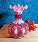 VINTAGE FENTON CRANBERRY OPALESCENT COIN DOT MELON VASE 4.5 INCHES (excellent)