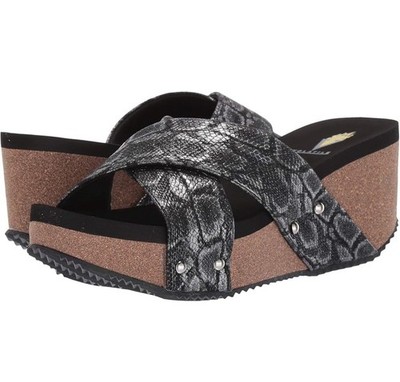Volatile Riverside Comfort, Wedge Sandals 8 black & gray Snake Print Crisscross