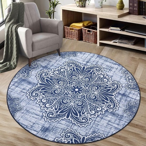 Round Rug 4' Diameter Vintage Medallion Area Rug - Non-Slip Distressed Door M...