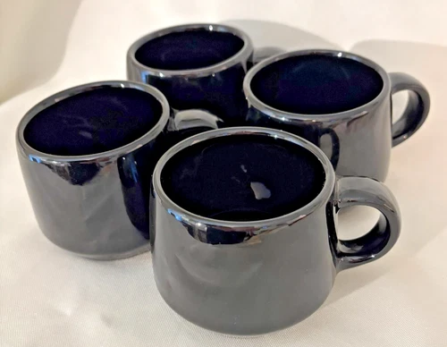 Set of 4 small Vintage FRANKOMA Pottery Black Handled Coffee Mug ceramic (L101)