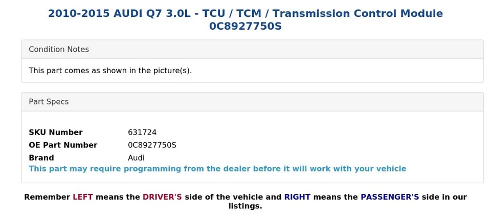 AUDI Q7 2010-2015 3,0 L - TCU / TCM / Módulo de control de transmisión 0C8927750S Foto 3 de 4