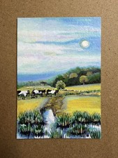 ACEO Art Card Original, Landscape, Pasture, Cows, Moon, Painting, 2.5 x 3.5in