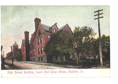 Hazleton PA High School Building Laurel Green Streets American News Postcard