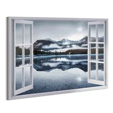 Lake Scene Canvas Wall Art: Nature Landscape Print Window Scenic Picture Moun...