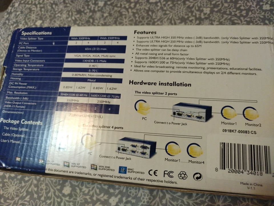 GWC VS1120, VGA video splitter, 2-port, sends identical VGA image to 2 monitors - Image 3 of 3