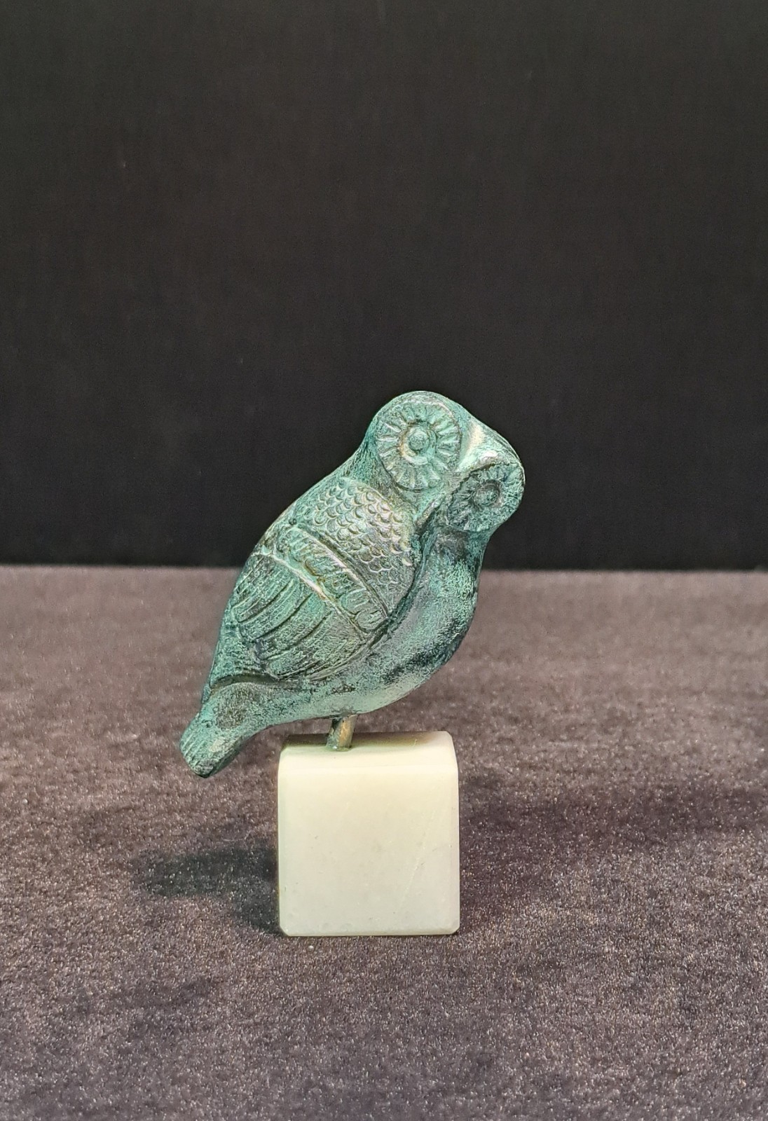 Bronze Owl Greek on  white marble square base
