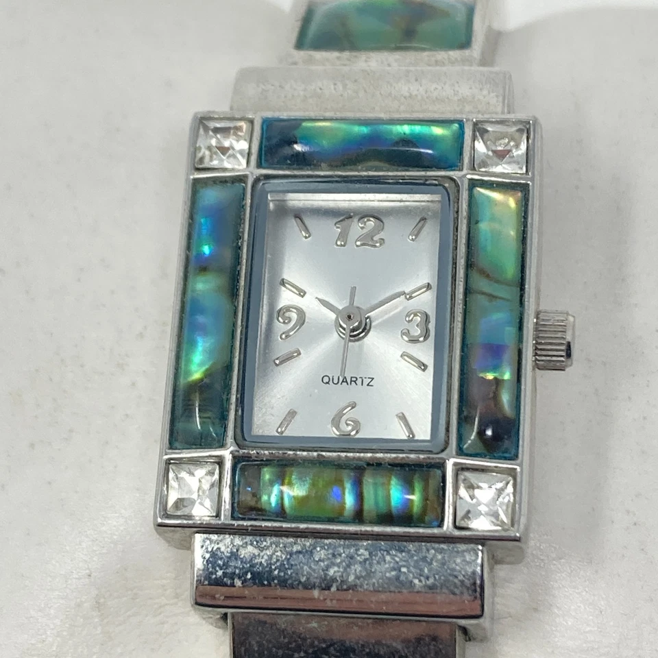 Reloj Abulone Tank Mujer 21mm Tono Plateado Incrustación Cristal Brillante Batería Nueva 6.5" Foto 2 de 4