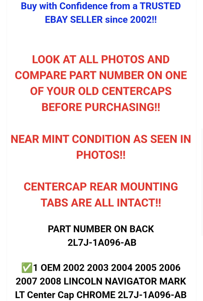 ✅1 Tapa central OEM 2002-2008 LINCOLN NAVIGATOR MARK LT CROMADA 2L7J-1A096-AB ¡COMO NUEVA! Foto 3 de 4
