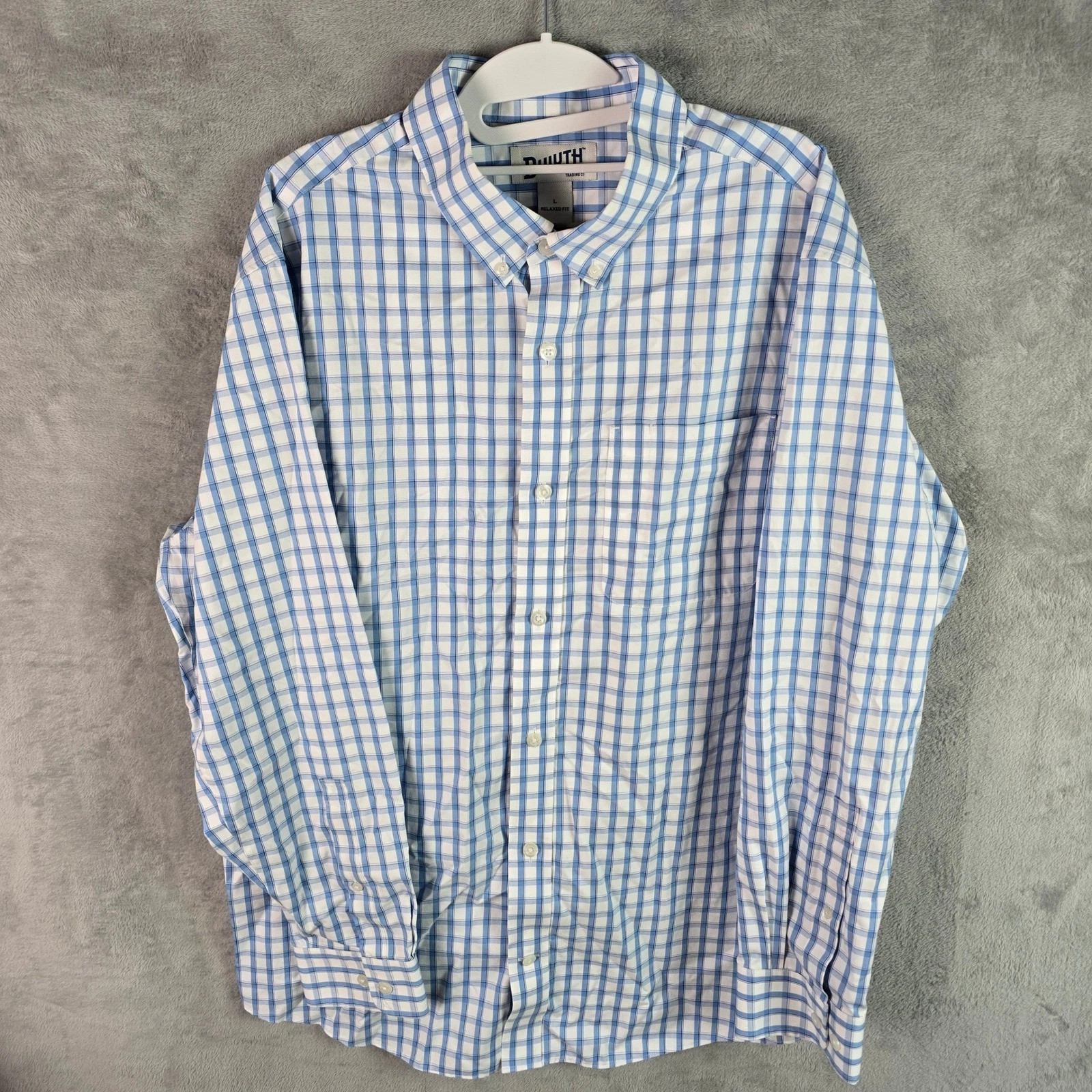 Duluth Trading Co Mens Relaxed Fit Plaid Button Down Shirt Blue White Large L