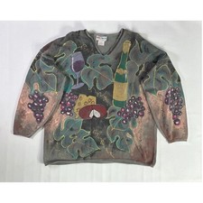 Vintage Kolorway Sz 2 Y2K Hand Painted Wine Grapes Cotton V-Neck Sweater Gray