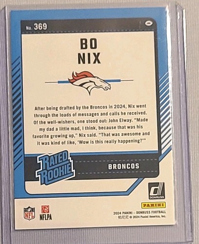 Bo Nix Rated Rookie RC 2024 Donruss Football Card #369 Denver Broncos - Picture 2 of 2
