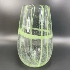 Hand Blown Art Glass Vase Vessel Clear Green Lines And Bubbles All Over Vase VTG