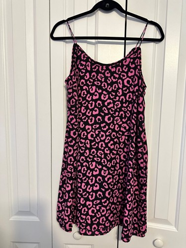 Pink & Black Leopard Print Sleeveless Swing Dress With Adjustable Straps NEW S - Picture 2 of 9