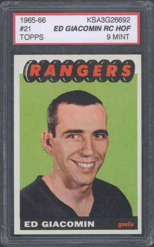 1965 TOPPS 21 ED GIACOMIN KSA 9 CENTERED HALL OF FAME ROOKIE CARD RANGERS GOALIE