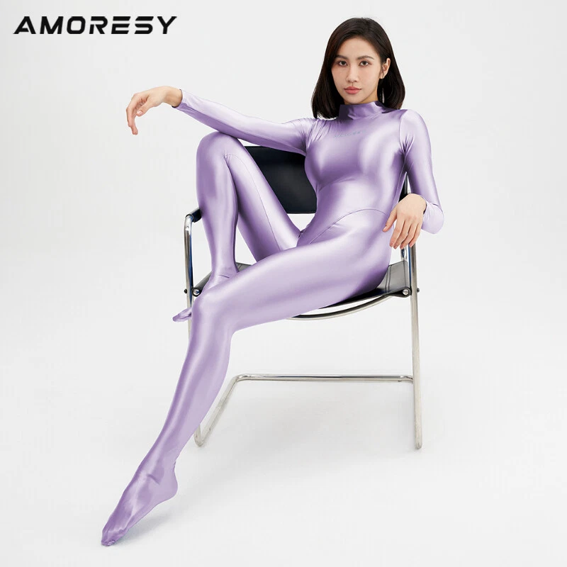 AMORESY Oil Glitzer Einteilig Overalls Fitness Leotards Stretch Zentai Bodysuits - Bild 3 von 4