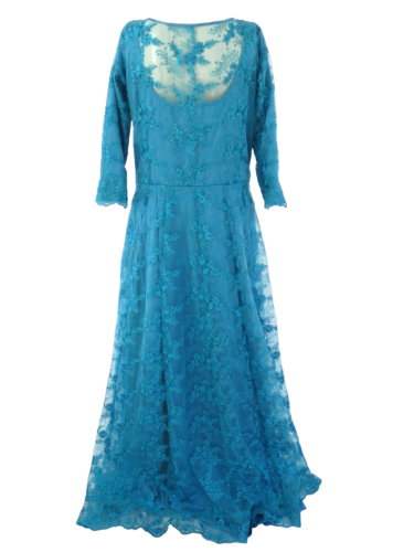 Maxi Lace Dress Blue Fit Flare Waisted Sheer Back Special Occasion Size UK 12 - Picture 8 of 10