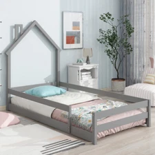 Wood Floor Bed with Fence Railings and House Shape Headboard Twin Size Bed Frame