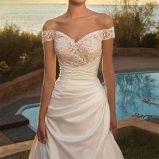 Off The Shoulder Wedding Dress Backless Buttons Appliques Pleated Bridal Gowns