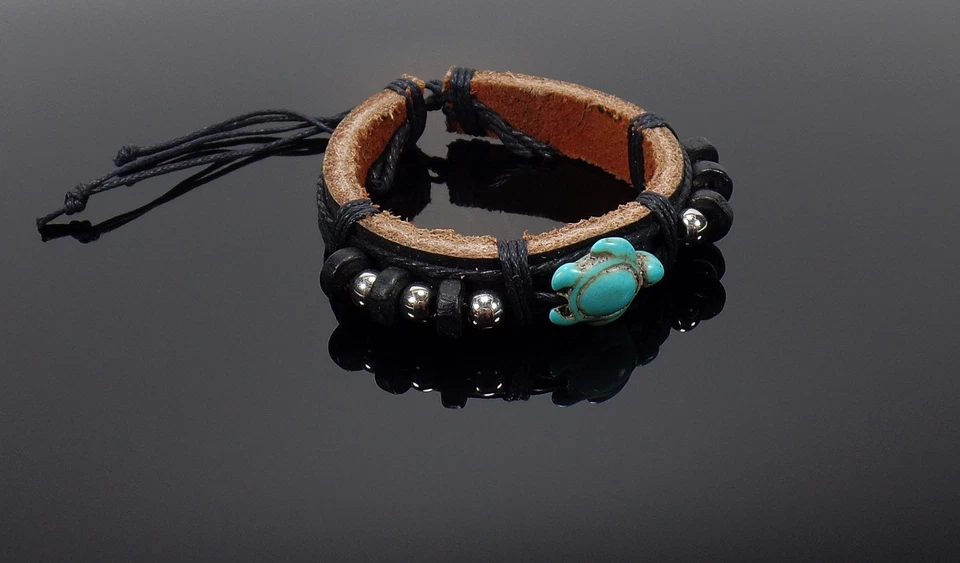 Black Turtle Bracelet - Black Leather Bracelet -Turquoise Color Turtle -Tortoise - Image 2 of 3