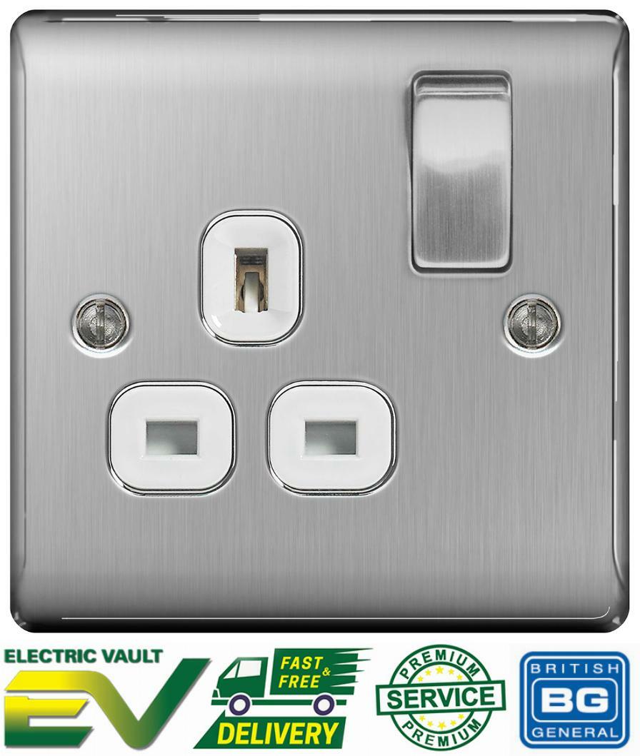 BG NBS21W Brushed Steel Switched Single Socket 1 Gang DP 13A White Inserts