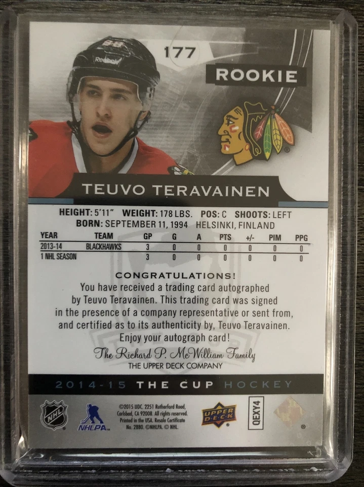 Teuvo Teravainen 2014-15 The Cup Rookie /25 Gold Spectrum Auto RC UD Upper Deck - Image 2 of 2