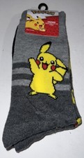 Pokemon Pikachu Socks Crew 2-Pack Gray Men's Boys Shoe Size 6.5-12 New with Tags