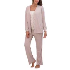 Live 2 Lounge Women's 3-Piece Cardigan Tand and Pant Lounge Set, Tan, L